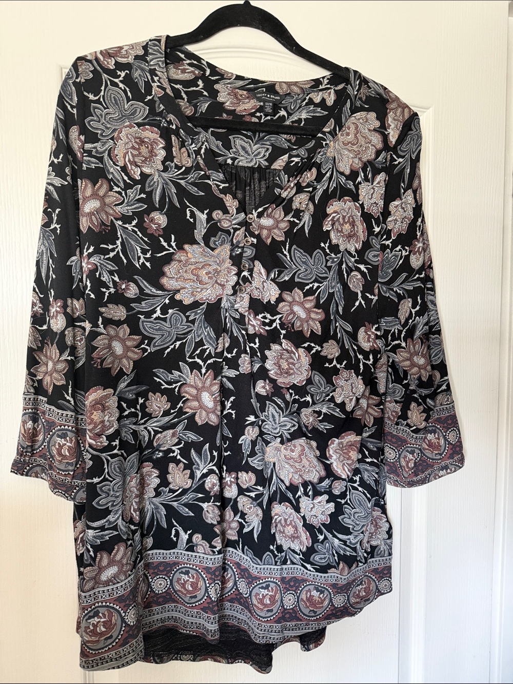 Lucky Brand Black Floral V-Neck Tunic with Pink and Cream Accents